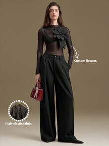 Ontre 2026春夏女装上衣，优雅婚礼风格，四向弹力网纱面料，3D立体花卉设计，现代都市风，黑色3D立体花卉图案，立领，无袖，女式上衣，女式T恤，音乐节，黑色，商务休闲办公装，低调复古风，高品质，机场时尚，高端面料，情人节女士优雅正式礼服 - 米色 - 查看 2