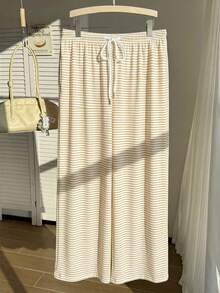 Comfortcana Quần ống rộng dáng suông kẻ sọc vàng trắng, có dây rút, phù hợp cho mùa thu/đông. - Màu vàng - Xem 8