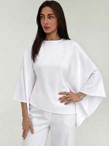 Aloruh Boat Neck Voluminous Sleeve Cinched Waist Commuter Shirt - White - View 5