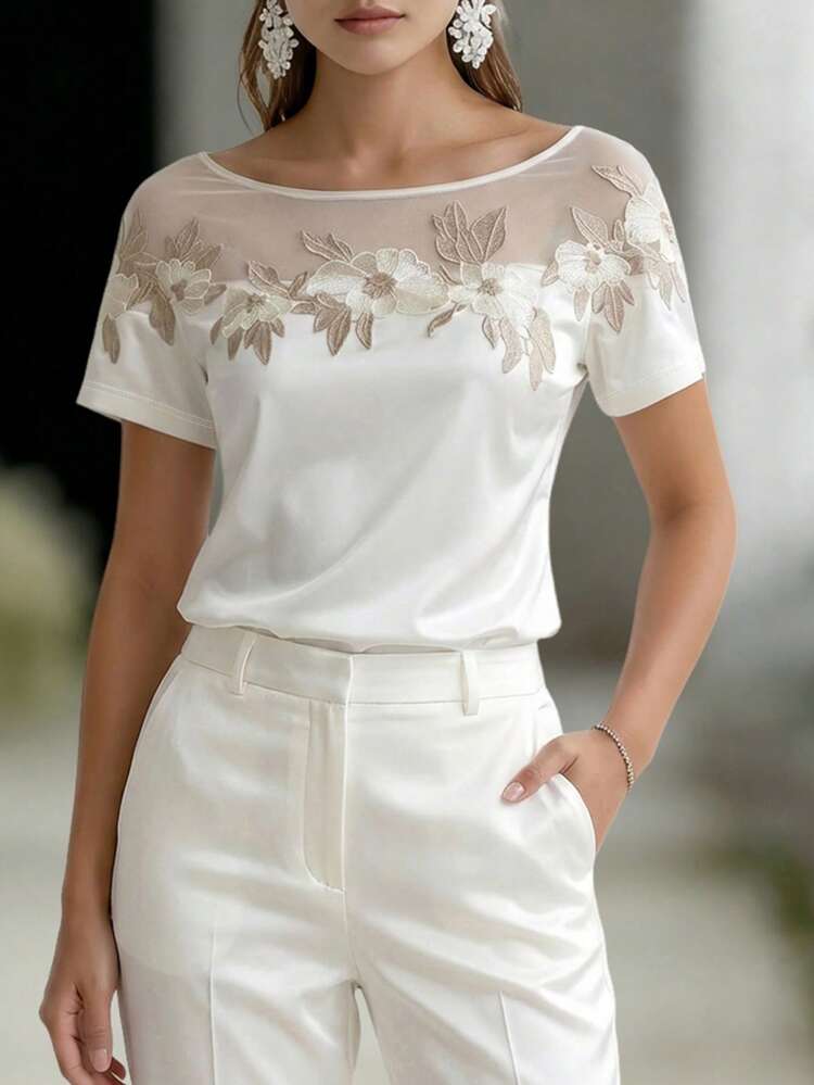 EMERY ROSE Blusa de satén con decoración floral, cuello redondo elegante, ajustada, para uso diario, vacaciones, casual y fiestas. Confección de alta calidad, para uso casual en primavera/verano - Blanco - Añade 4