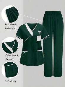TaskEZ 2pcs V-Neck Short Sleeve Top And Pants Uniform Set, Cleaning Service Outfit - Dark Green - View 1