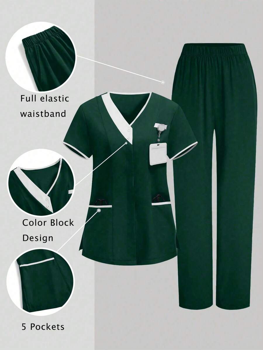 TaskEZ 2pcs V-Neck Short Sleeve Top And Pants Uniform Set, Cleaning Service Outfit - Dark Green - View 1
