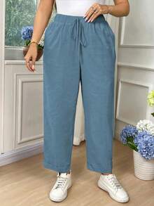 EMERY ROSE Plus Size Women Cotton Fold-Over Waist Tie Casual Pants Fall - Dark Wash - View 3