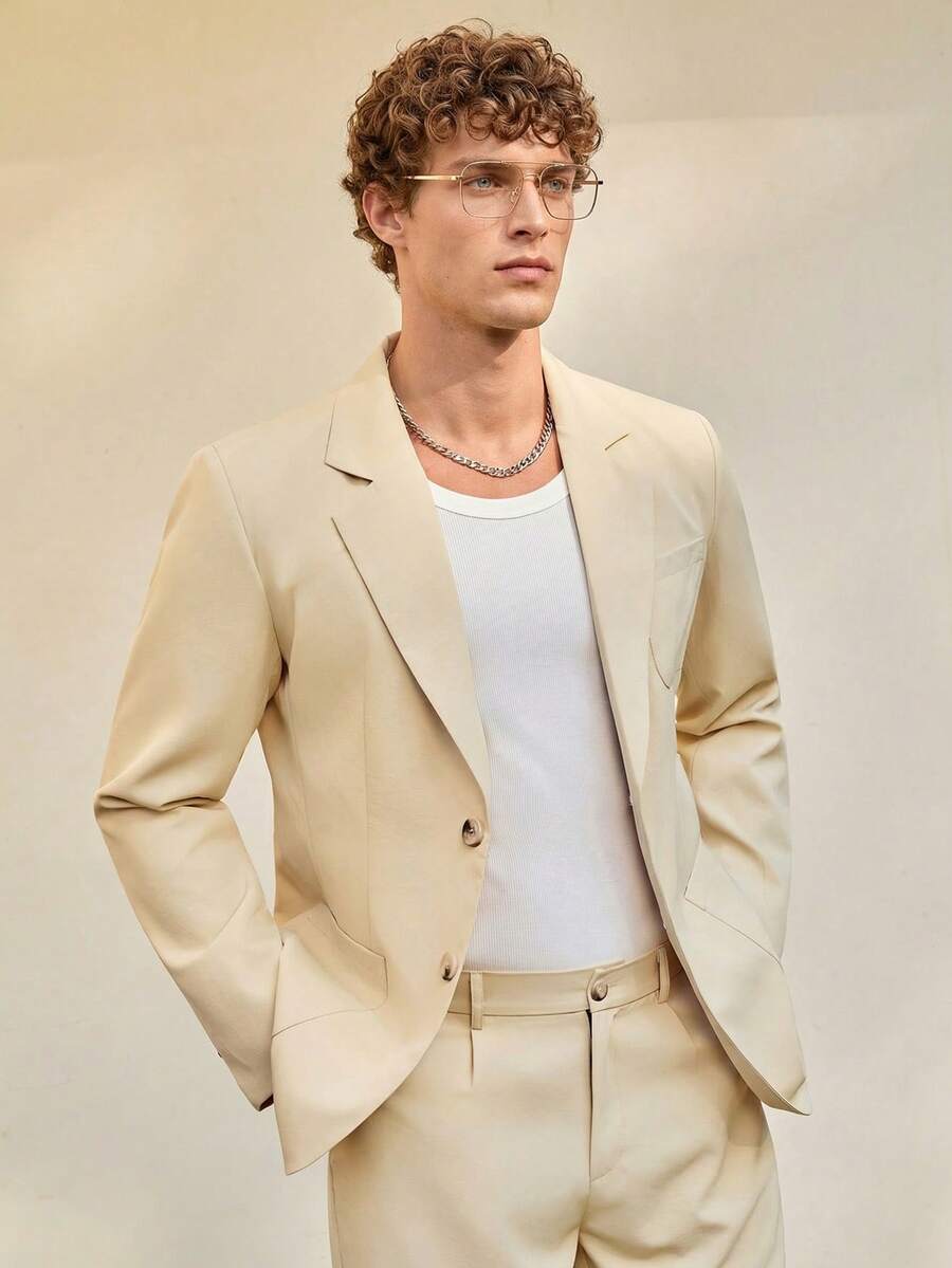 Manfinity Homme 男士简约纯色纽扣领西装套装,适合通勤穿着 - 米色 - 查看 1