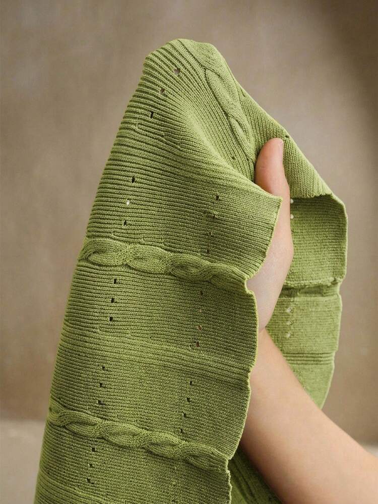 Elegant Solid Color Knitted Heavy-Weight Perforated Twist Rope Aran Cable Knit Long Sleeve Frill Trim Button-Up Fishtail Dress, Suitable For Autumn, Winter, Formal, Party, Fashionable Occasions Like New Year, Christmas, Work, Graduation, Wedding