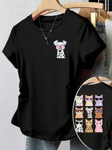 少女黑色可爱猫狗印花短款休闲T恤，高腰修身款 - 黑色 - 查看 1