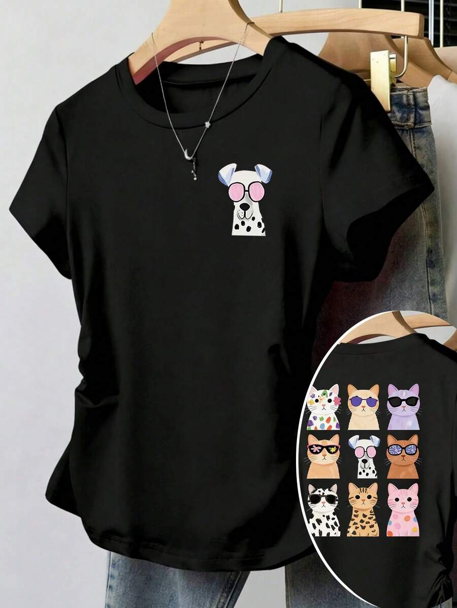 少女黑色可爱猫狗印花短款休闲T恤，高腰修身款 - 黑色 - 查看 1