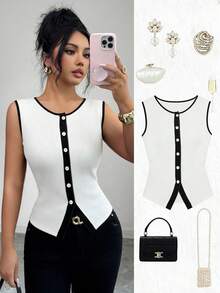 Elenzga Women's Round Neck Single-Breasted Casual Versatile Daily Wear Top - Black and White - View 6