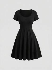 SHEIN Tall 高个系列女士宽领纽扣A字收腰优雅连衣裙 - 黑色 - 查看 1