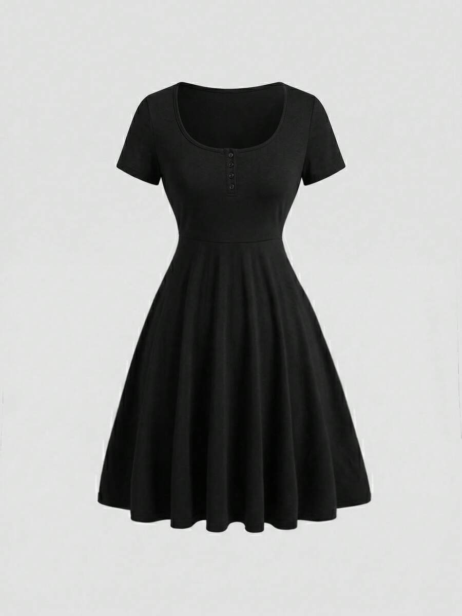 SHEIN Tall 高个系列女士宽领纽扣A字收腰优雅连衣裙 - 黑色 - 查看 1