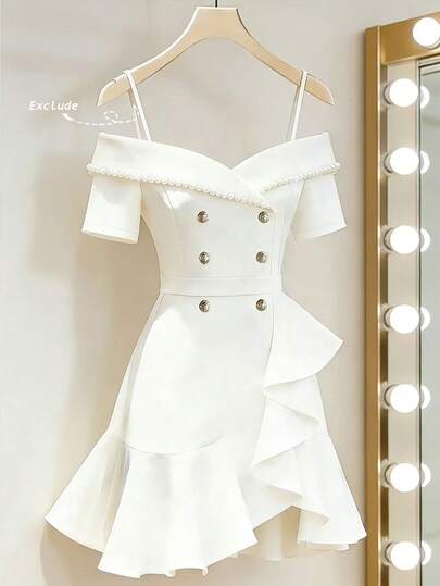 Franclia Vestido de manga corta con hombros descubiertos, volantes y cuentas, estilo francés elegante. Suave y favorecedor, adecuado para ir y venir, trabajo, escuela, oficina, ocasiones formales e informales. Colores clásicos y versátiles. Nuevo vestido de verano para mujer.