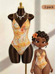 Bellisia 26SS 女士渐变扎染印花吊带泳衣套装，春夏海滩度假 - 橘色 - 查看 8