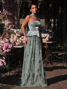 Glamrae Đầm maxi ren satin tay dài đính cườm và kim sa sang trọng, gợi cảm, không dây vai, thích hợp cho đám cưới, sự kiện, tiệc tùng, kỳ nghỉ, dạ hội (được trang trí cầu kỳ). - Màu xanh nhạt - Xem 5