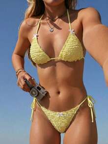 Swim Mod Bộ bikini 2 mảnh dành cho nữ, màu trơn, chất liệu vải jacquard, kiểu dáng ngọt ngào, thắt nơ, cổ yếm, hở lưng, thích hợp cho kỳ nghỉ hè ở bãi biển. - Màu vàng - Xem 2
