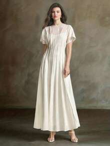 Ontre 2026新款早春粉色褶皱缎面系带连衣裙，适合现代都市派对、返校季、婚礼、都市简约休闲日常穿着、波西米亚风、度假、节日、春季等场合。 - 淺粉色 - 查看 2