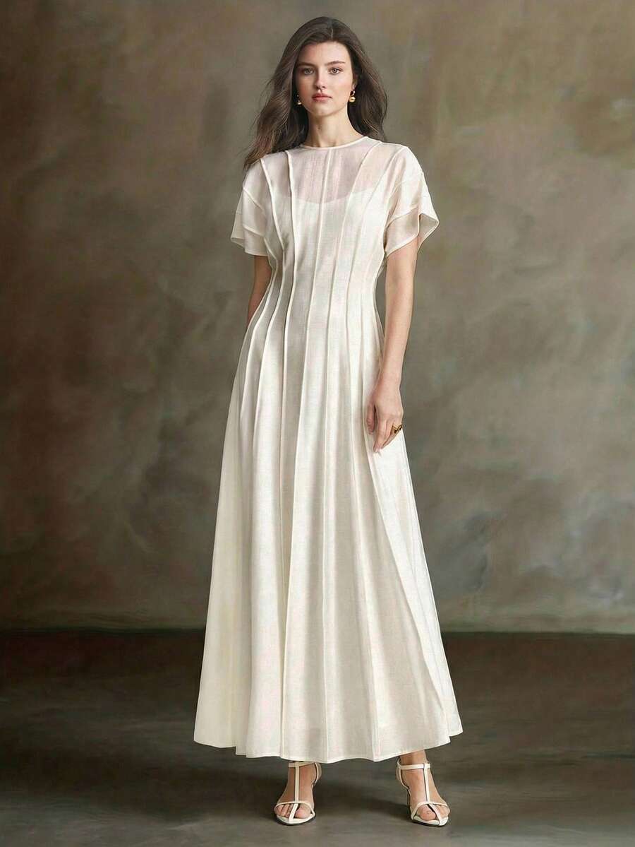 Ontre 2026新款早春粉色褶皱缎面系带连衣裙，适合现代都市派对、返校季、婚礼、都市简约休闲日常穿着、波西米亚风、度假、节日、春季等场合。 - 淺粉色 - 查看 1