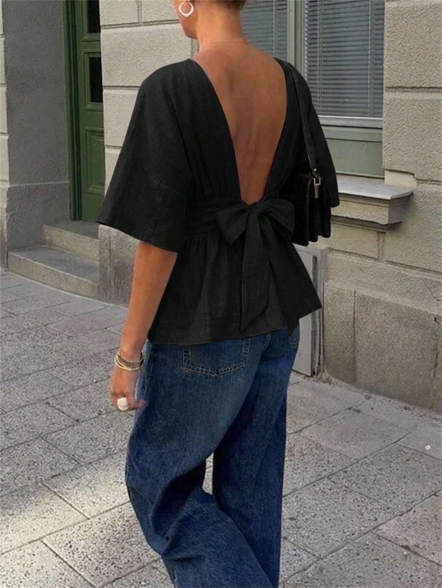 Aloruh 女士优雅圆领露背蝴蝶结装饰修身衬衫,乳白色 - 黑色 - 查看 1