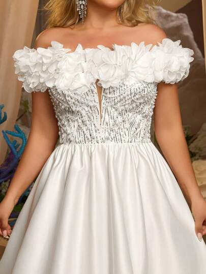 Glamrae Đầm cưới cỡ lớn sang trọng, lãng mạn, màu trắng đính cườm thêu họa tiết tinh tế, chất liệu satin, kỹ thuật đính cườm bằng máy tính, viền ren hoa 3D, chân váy bồng bềnh, thích hợp cho lễ cưới.