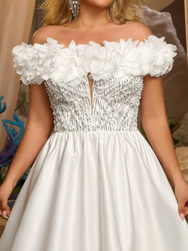 Glamrae Đầm cưới cỡ lớn sang trọng, lãng mạn, màu trắng đính cườm thêu họa tiết tinh tế, chất liệu satin, kỹ thuật đính cườm bằng máy tính, viền ren hoa 3D, chân váy bồng bềnh, thích hợp cho lễ cưới.