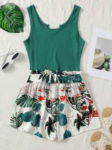 SHEIN Teen Girls' Bohemian Style Jumpsuit,Green & White Floral Print,Sleeveless Paper Bag Waist Design,Summer Beach Vacation Holiday Wear - Multicolor - View 2