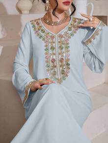SHEIN Najma 女士优雅彩色刺绣流苏装饰宽松舒适休闲睡袍 - 霧霾藍 - 查看 8