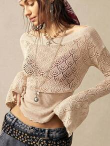 Bohemela 女士纯色休闲百搭日常长袖毛衣 - 杏色 - 查看 4