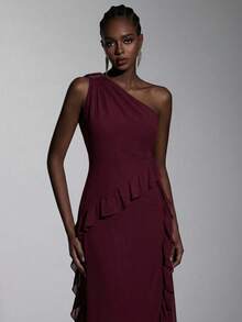 Elitara Old Rose Summer Elegant Formal Event Prom Wedding Chestnut Chiffon Asymmetrical Shoulder Metal Buckle Ruffle Hem Front Slit A-Line Party Dress - Maroon - View 3