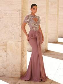 Glamrae Bộ đồ bơi sang trọng và tinh tế màu hồng sen đính hạt cườm, phối lưới, chất liệu dệt kim co giãn, kèm váy đuôi cá xếp ly và áo khoác, thích hợp cho đám cưới, tiệc tùng, kỳ nghỉ, dạ hội (thiết kế bền chắc). - Bụi hồng - Xem 5