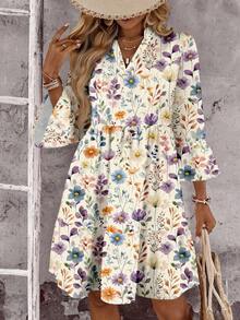 EMERY ROSE Plus Size Women Floral Print V-Neck Ruched Casual Vacation Dress - Multicolor - View 4