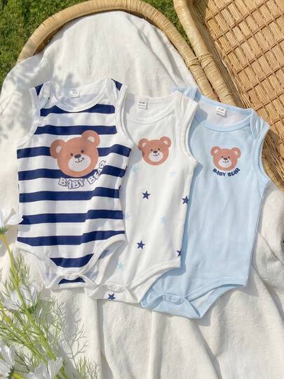 Souflis Souflis 3 st/set babypojkar sommarmarinblå söt björntryckssparkdräkt