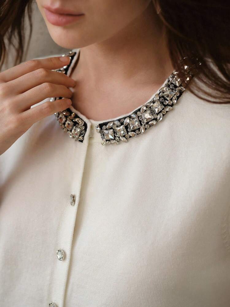 RHINESTONE DETAIL BUTTON UP KNIT TOP