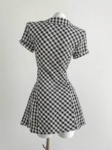 Elamini Plaid Front Button Fitted Stylish Summer Mini Dress - Grey - View 2