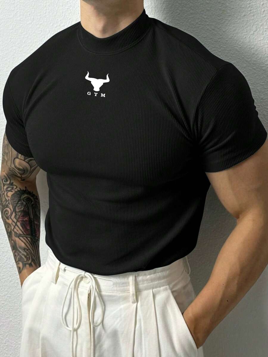 GymBeat 男士字母和牛头图案休闲百搭日常运动T恤 - 黑色 - 查看 1