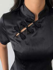 Aloruh Áo sơ mi satin cài cúc kiểu Trung Quốc mới, thanh lịch, thường ngày dành cho nữ. - màu đen - Xem 4