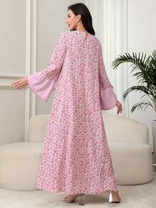 Al Najma Arabic Style Floral Print   Lace-Trimmed Dress With Round Neck, Bowknot, Flared Sleeves And Skirt, Spring/, Modest - Multicolor - View 2