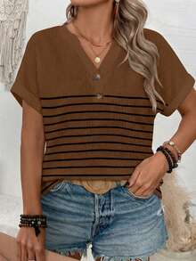 EMERY ROSE Plus Size V-Neck Button Striped Loose Short Sleeve T-Shirt - Coffee Brown - View 4