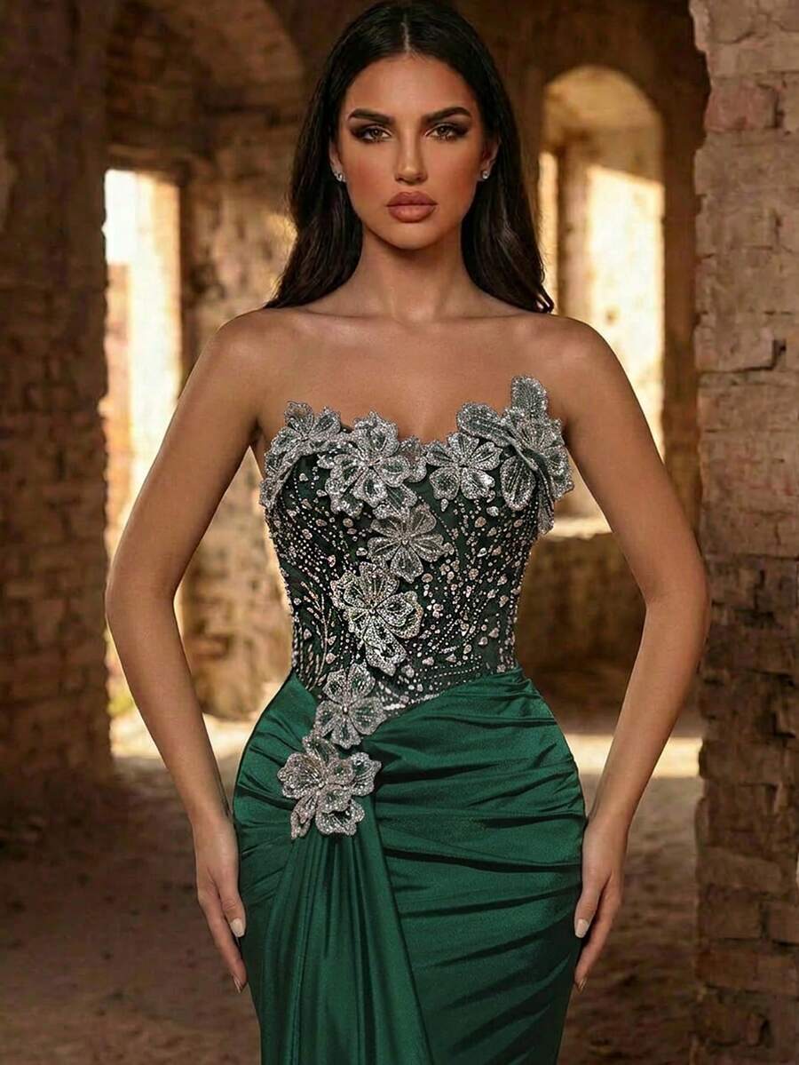 Glamrae Elegant Luxurious Beaded Bubble Floral Bandeau Patchwork Elastic Knit Swimsuit,Suitable For Weddings,Singles Parties,Vacations,Balls,Formal Gowns - Green - View 1