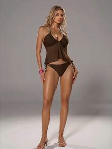 Bellisia 女士纯色褶皱挂脖系带吊带背心式泳衣套装，包含上衣和三角泳裤，适合外出、海滩、下午茶、野餐、派对等场合。 - 棕色 - 查看 7