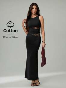 SHEIN Tall 女士黑色优雅蕾丝拼接真挚长裙，舒适弹力棉质面料，新年优雅女士派对礼服 - 黑色 - 查看 5