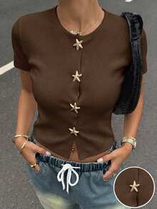 Muchica 女士纯色圆领金属装饰休闲百搭日常短袖T恤 - 巧克力棕 - 查看 4