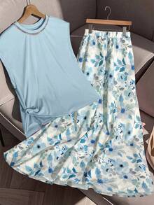 GlowEve CURVE 大码时尚休闲扭结T恤 + 大码时尚休闲印花半身裙 - 藍色 - 查看 1