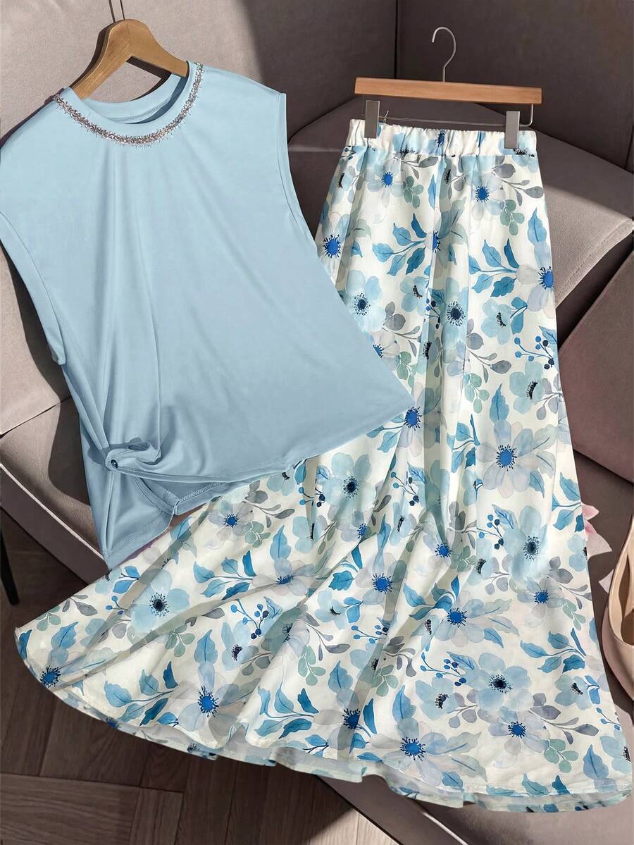 GlowEve CURVE 大码时尚休闲扭结T恤 + 大码时尚休闲印花半身裙 - 藍色 - 查看 1