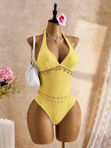 Bellisia 2026春夏女士沙滩连衣裙，连体式，优雅浪漫甜美花卉纹理面料，波西米亚风精致贝壳链装饰，可拆卸胸垫，蝴蝶结肩带，挂脖式连体泳衣，多种颜色可选，浅粉色，甜美可爱，清新优雅，浪漫度假，2026春夏新款，新年，情人节，返校季，旅行季，适合度假、海滩、下午茶野餐、派对、日常穿着、休闲、户外运动，时尚百搭 - 淡黃色 - 查看 3