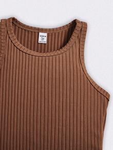 SHEIN 3pcs/Set Teen Girl's Solid Color Knit Round Neck Sleeveless Fitted Casual Dress Casual Dresses For Women Summer Ribbed Dresses - Brown - View 4