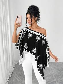 Elenzga Plus Size Women Print Asymmetrical Shoulder Asymmetrical Hem Blouse, Spring/Summer - Black and White - View 4