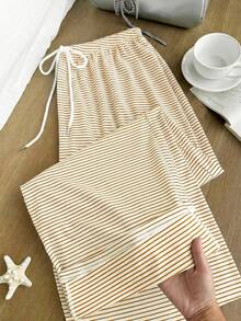 Comfortcana Quần ống rộng dáng suông kẻ sọc vàng trắng, có dây rút, phù hợp cho mùa thu/đông. - Màu vàng - Xem 4