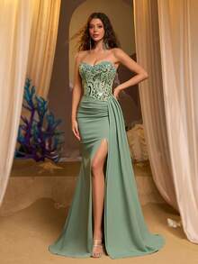 Glamrae Đầm cúp ngực sang trọng, thanh lịch màu xanh lá cây thêu sequin, chân váy đuôi cá co giãn dệt kim đính cườm thủ công với đường viền xếp nếp, thích hợp cho các bữa tiệc, dạ hội và các dịp trang trọng. - Cỏ xanh - Xem 8