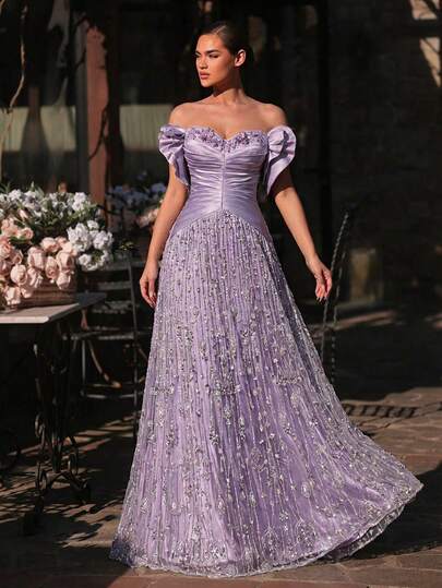 Glamrae Elegant Light Gray-Purple Luxury 3D Beaded Embroidery, Wide Strap Square Neck Bask Waist Handmade Woven Rope Belt Super Flared A-Line Skirt, Suitable For Dates, Vacations, Singles Parties, Weddings, Women's Evening Gown