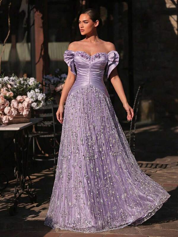 Glamrae Elegant Light Gray-Purple Luxury 3D Beaded Embroidery, Wide Strap Square Neck Bask Waist Handmade Woven Rope Belt Super Flared A-Line Skirt, Suitable For Dates, Vacations, Singles Parties, Weddings, Women's Evening Gown