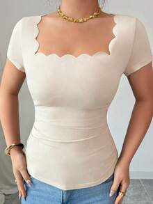 Selianne Nueva camiseta de mujer de manga corta con cuello cuadrado, dobladillo ondulado negro y fruncido lateral, versátil para el verano - Albaricoque - Ver 6